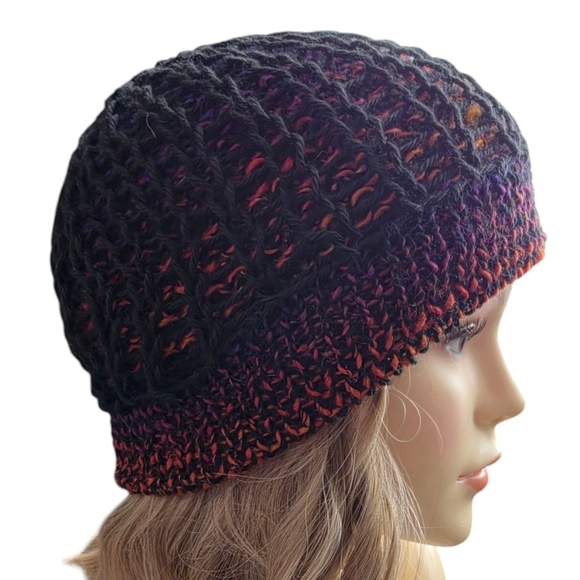Handmade knitted beanie toque knit mesh overlay vegan leather tag slight slouch - Picture 2 of 6